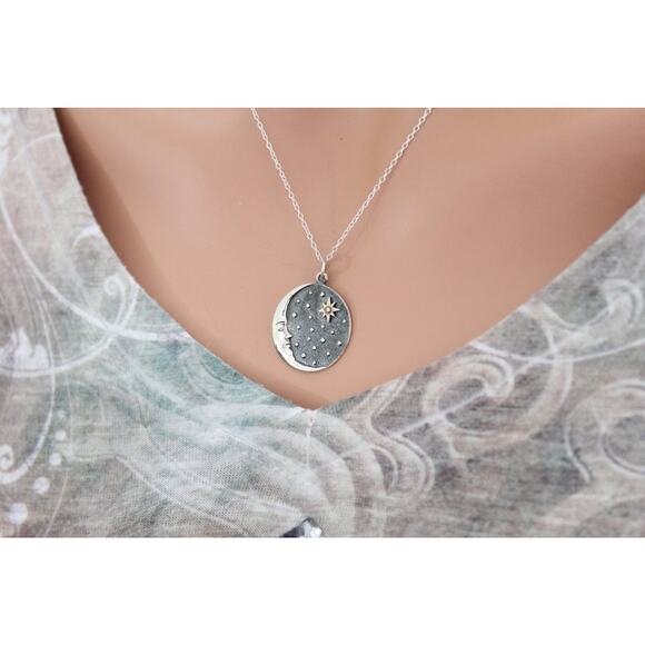 Sterling Silver Crescent Moon Face Pendant with Bronze Star Necklace - Picture 2 of 5